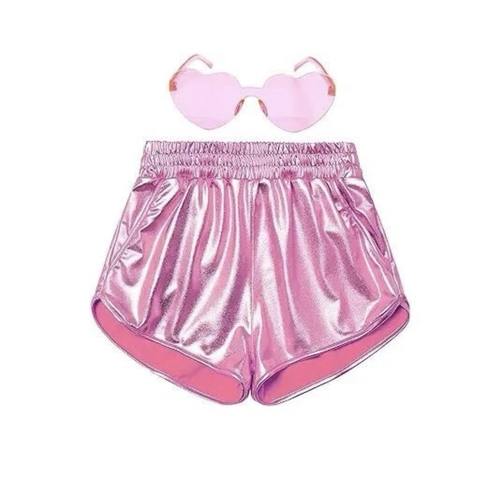Girls Metallic Shiny Sparkly Hot Pants Shorts & Heart Glasses Set Fun Pink 6-7 Y